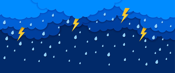 Fototapeta premium Paper cut rain clouds with water drops and lightning thunderstorm, vector background. Rainy weather, storm and thunderbolt lightning flash in sky, paper cut clouds with raindrops in cutout layers