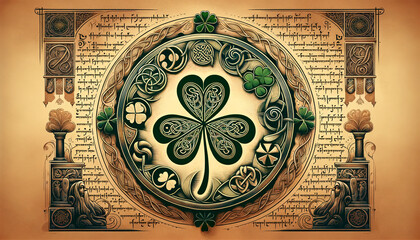 Celtic Elegance: Shamrock and Ancient Manuscript - obrazy, fototapety, plakaty