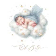 Newborn Baby sleeping on the clouds. Oh baby Calligraphy