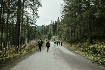 Autumn hike group of tourists on vacation, having a hike in autumn mountains with backpack and hiking sticks, enjoying adventure. Teamwork travel. Tatra National Park in Poland. Famous mountains lake