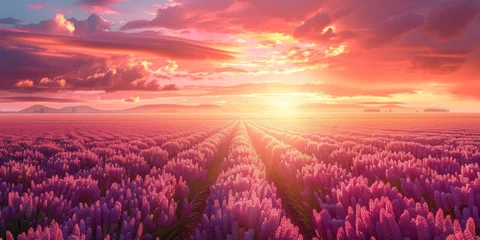 Abwaschbare Fototapete sunset over hyacinth field, field flowers, field, beautiful hyacinth plants, field art, field canvas, in the style  © Veayo