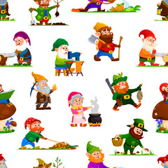 Cartoon gnome or dwarf characters seamless pattern, vector background for kids. Cute village gnome workers pattern, dwarf farmer in garden, cooking or sewing, gnome hunter with lumberjack and miner - 755702879