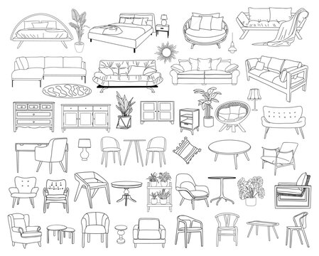 Collection of elegant modern furniture and home interior decorations of trendy Mid Century modern retro 70s t style hand drawn black sketch on transparent background. Monochrome vector illustration.