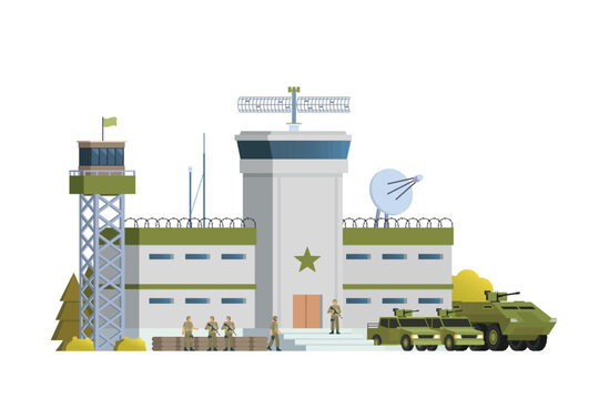 military base building with soldiers and vehicles clip art preview