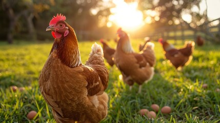 Fototapeta premium Hen Farm, sustainability and chicken flock on farm for organic, happy chicken in the meadow