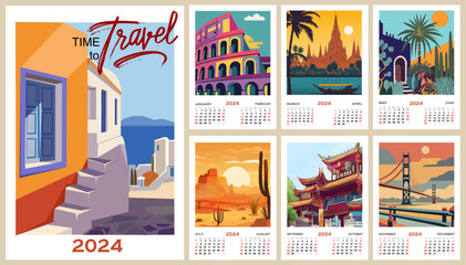 Calendar template for 2024. Vertical design with Travel destination prints. Vector colorful illustration page template A3, A2 for printable wall art monthly calendar. Week starts on Sunday. - obrazy, fototapety, plakaty