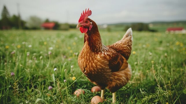 Hen Farm, sustainability and chicken flock on farm for organic, happy chicken in the meadow