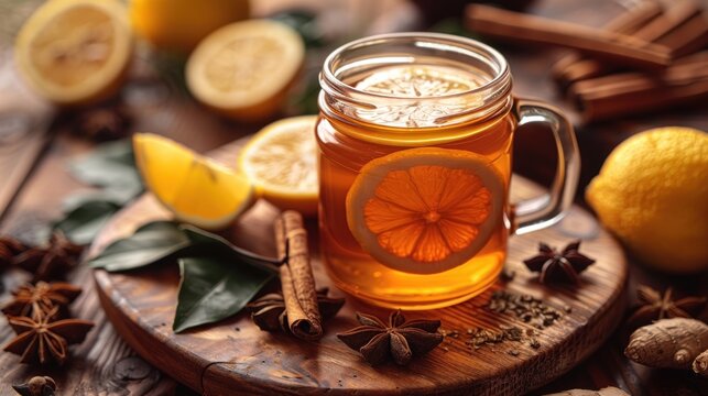 hot honey ginger tea, infused with spices and served with a slice of lemon