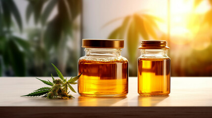 Two jars of amber honey, one large and one small, are placed on a white table near a window. A...