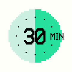 8-bit design with 30-minute Timer composed of square pixels. Retro-inspired clock of green color, with thirty minutes label on watch face, perfect for game interfaces and digital design

