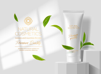 Realistic cosmetic cream tube and green leaves on white podium mockup. 3d vector elegant and nature-inspired promo design for product presentation, creating a harmonious blend of nature and beauty