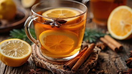 hot honey ginger tea, infused with spices and served with a slice of lemon - obrazy, fototapety, plakaty