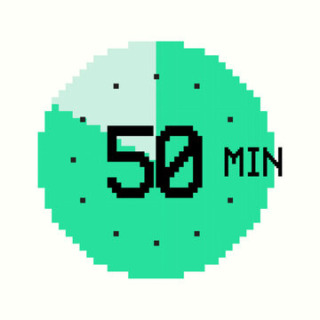 8-bit design with 50-minute Timer composed of square pixels. Retro-inspired clock of green color, with fifty minutes label on watch face, perfect for game interfaces and digital design