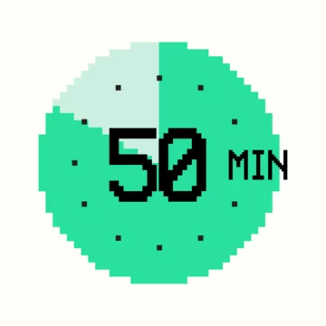 8-bit design with 50-minute Timer composed of square pixels. Retro-inspired clock of green color, with fifty minutes label on watch face, perfect for game interfaces and digital design