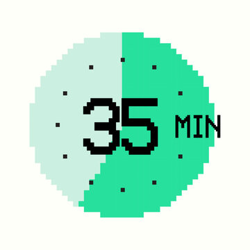 8-bit 35-minute Timer composed of square pixels. Retro-inspired clock of green color, with thirty five minutes label on watch face, perfect for game interfaces and digital design
