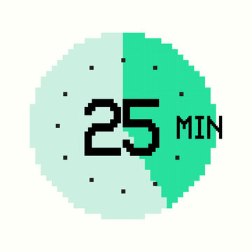 8-bit 25-minute Timer composed of square pixels. Retro-inspired clock of green color, with twenty five minutes label on watch face, perfect for game interfaces and digital design