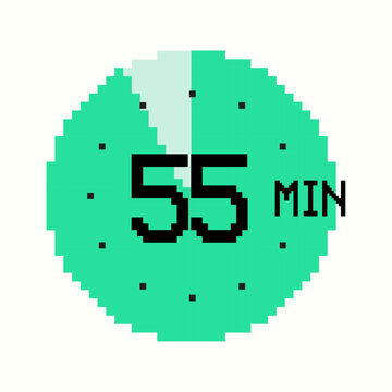 8-bit 55-minute Timer composed of square pixels. Retro-inspired clock of green color, with fifty five minutes label on watch face, perfect for game interfaces and digital design
