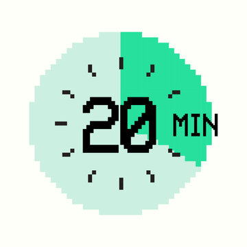 8-bit design with 20-minute Timer composed of square pixels. Retro-inspired clock of green color, with twenty minutes label on watch face, perfect for game interfaces and digital design