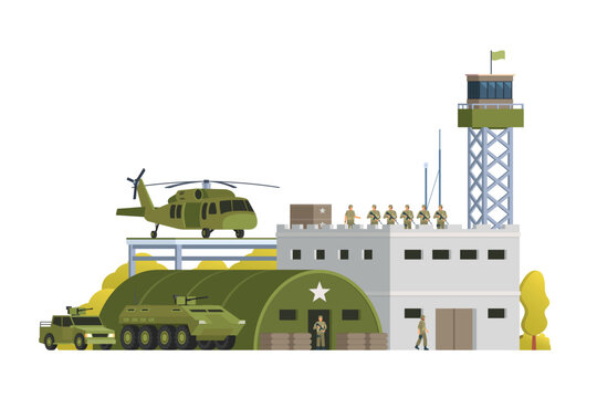 military base scene with helicopter and soldiers clip art preview