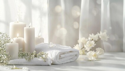 Cosmetic supplies for spa treatments on white background. Light atmosphere, candles, massage stones, essential oils and sea salt. The concept of beauty and health care. 