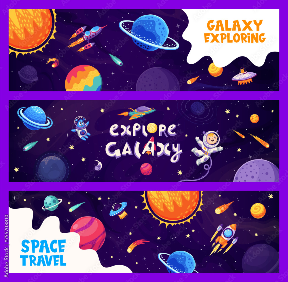 Poster Galaxy space banners with kid astronaut and alien UFO in galaxy planets, vector backgrounds. Cartoon outer space with rocket spaceship, asteroids and comets and planets in starry galactic sky