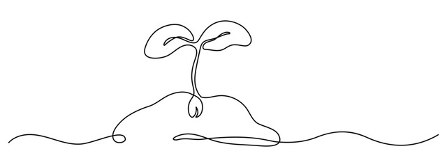 Growing sprout one line art drawing. Spring seedling and gardening concept black and white abstract minimal vector illustration.