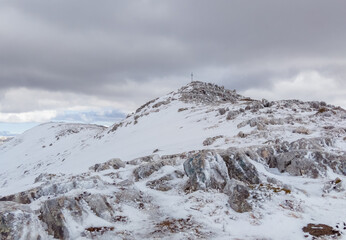 Velino Sirente Park, Italy - The suggestive mountain natural park in Abruzzo region with snow...