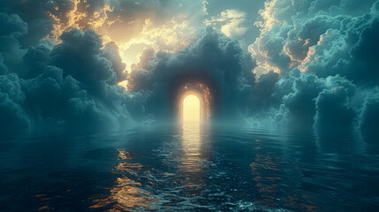 Mysterious arch of clouds over water, portal to heaven - obrazy, fototapety, plakaty