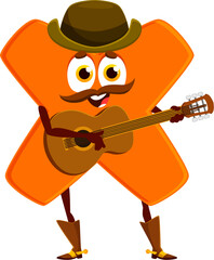 Cartoon cowboy, sheriff, and robber multiplication math symbol character plucking tunes on a guitar. Isolated vector whimsical stockrider personage adds a numerical twist to the Wild West adventures
