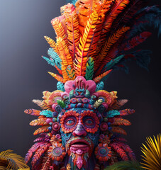 Tribal Mask with Vibrant Feather Headdress - obrazy, fototapety, plakaty
