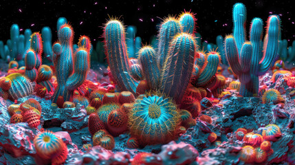 Alien Cactus Garden under Starlit Sky - Powered by Adobe