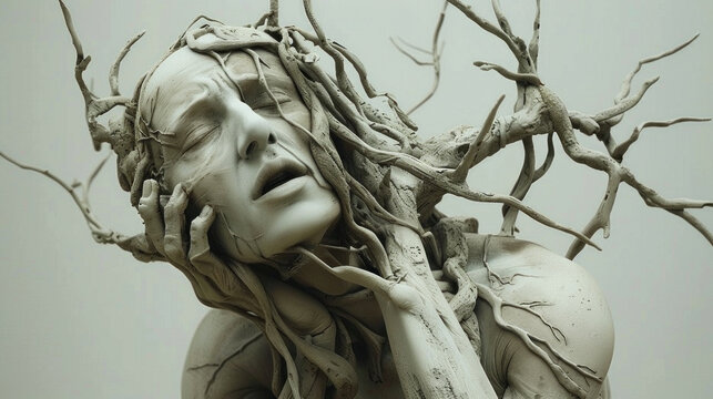 Nightmarish sculpture of a man turning into the tree - symbol of nightmares, suffering, mental health problems