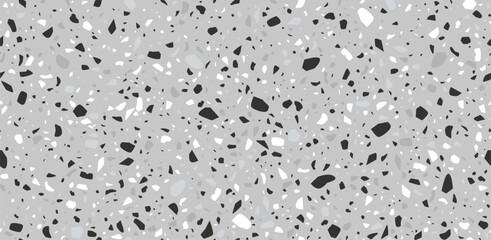 Black, white and grey terrazo mosaic tile pattern, terazzo marble stone floor texture, terazo ceramic background. Vector blend of marble, granite and glass chips, speckled surface for flooring or wall