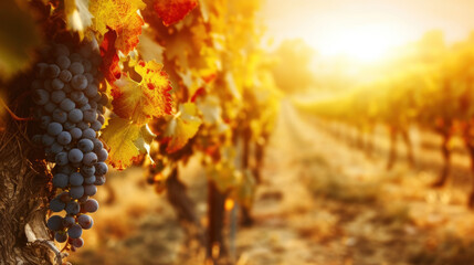 Clusters of red grapes in vineyard, sunrise light