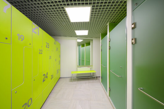Empty bright modern cloakroom and Shower cabins in gym with lockers and mirror