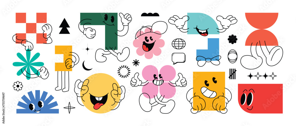 Fototapete set of geometric shape characters, doodle hands, talk bubble texts, in basic style with elements on 
