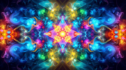 Psychedelic kaleidoscopic fractal glowing with neon lights