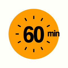 60 Minutes, One Hour Timer Icon, Modern Sans Serif Design. Clock, Stopwatch,  Showing Sixty Minutes Label Over Circle, Isolated Vector eps.