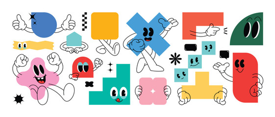 Set of Geometric shape characters, doodle hands, talk bubble texts, in basic style with elements on paper background. Vector illustration for branding, packaging, prints and social media posts.
