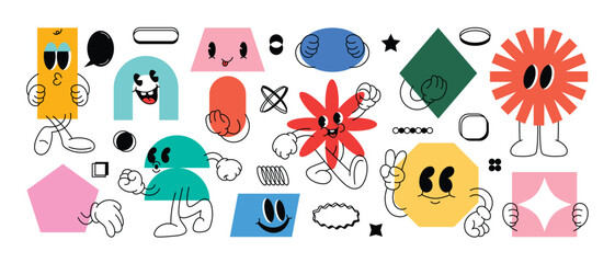 Set of Geometric shape characters, doodle hands, talk bubble texts, in basic style with elements on paper background. Vector illustration for branding, packaging, prints and social media posts.