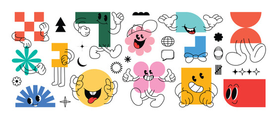 Set of Geometric shape characters, doodle hands, talk bubble texts, in basic style with elements on paper background. Vector illustration for branding, packaging, prints and social media posts.