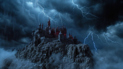 Sinister black haunted castle on rocky cliff, lightnings in the skies - obrazy, fototapety, plakaty