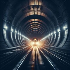 Train approaching inside a subway tunnel