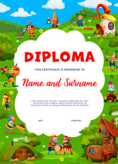 Kid diploma, fairytale village of cartoon garden gnome and dwarf characters, vector education certificate. Dwarf farmer and gnome gardener working in fairy tale garden for kids diploma background