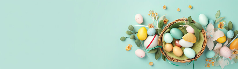 Obraz na płótnie Canvas easter egg in bird nest basket , Happy easter day for poster, banner, Greeting card ,a background