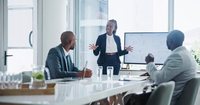 Business meeting, presentation and people in office teamwork with graph, chart or financial budget discussion. Finance, training or black woman speaker show digital display board for data analytics
