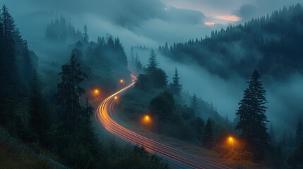 Car headlights and traffic lights on a winding road through pine trees