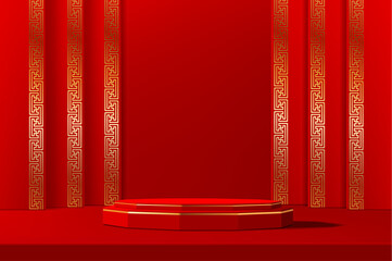 Luxury red Chinese podium stage with golden ornament patterns, vector product display background. Red stage with podium in golden shiny frame with walls in Asian Chinese geometric gold pattern