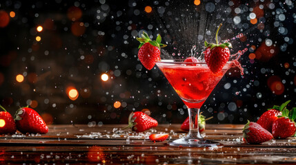 Red daiquiri cocktail with flying strawberries and splash - obrazy, fototapety, plakaty