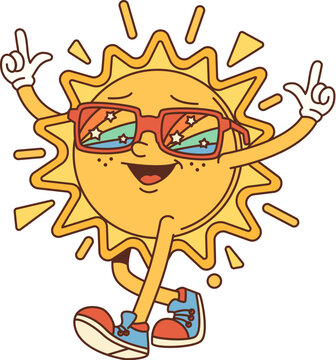 Naklejki Groovy retro sun comical cartoon character. Hippie funny sun personage, groovy cheerful mascot sticker or 60s isolated vector happy character. Vintage shining star personage walking in sunglasses